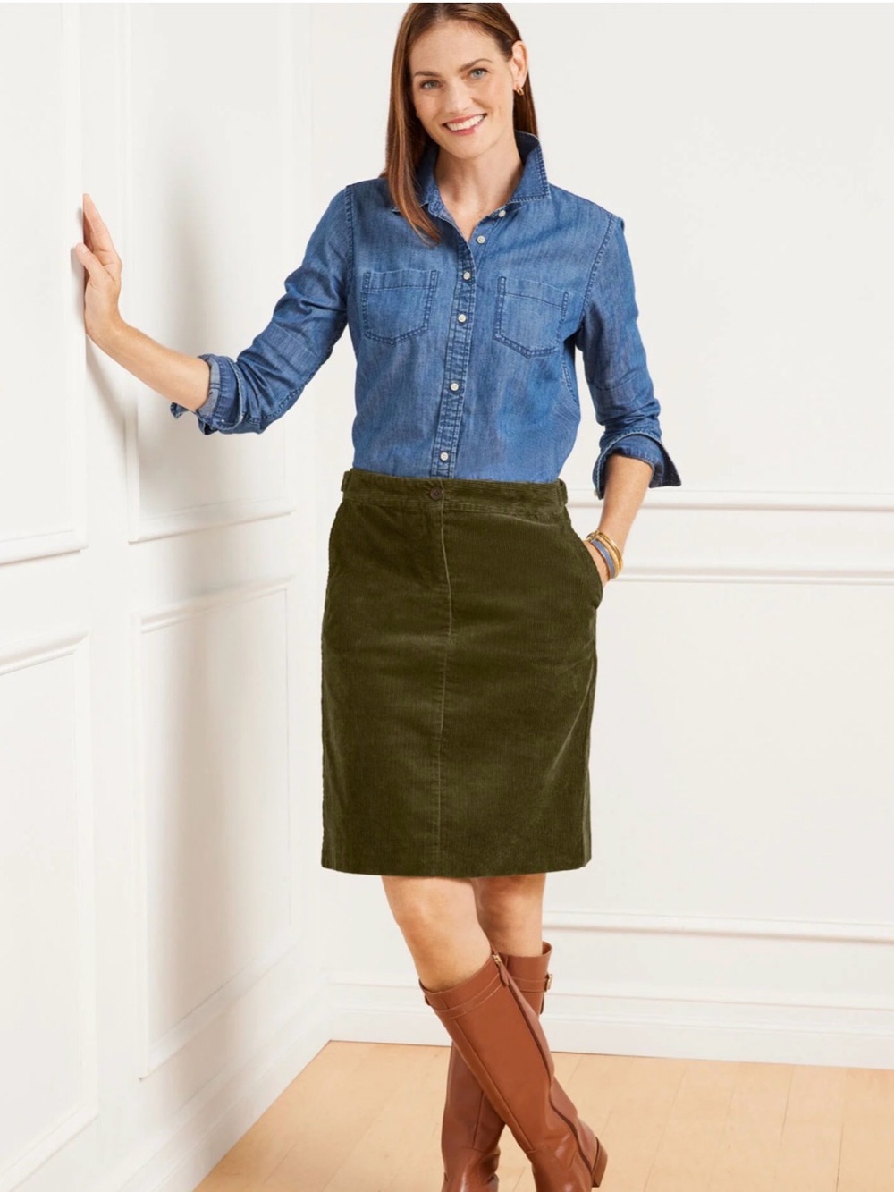 Talbots Olive Green Corduroy A-Line Skirt